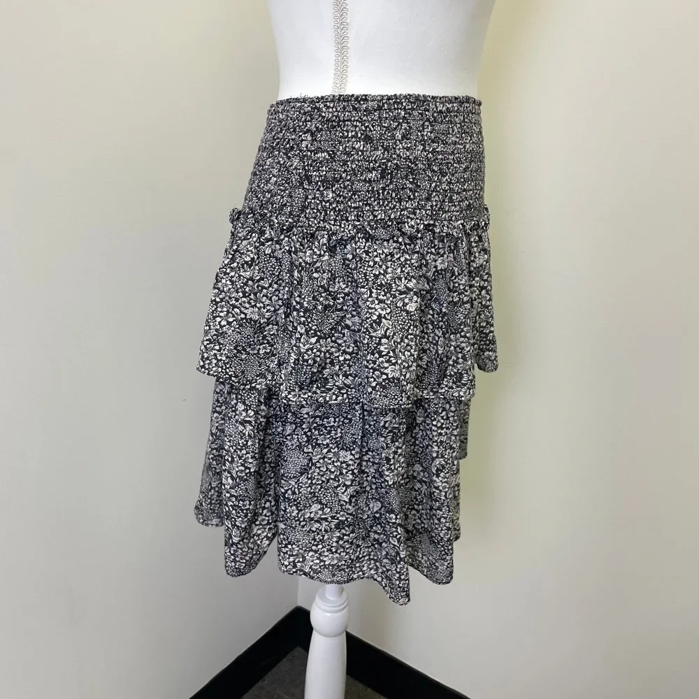 Anthropologie Floral Smocked Tiered Ruffle Mini Skirt S Boho Black White